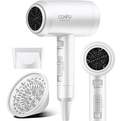 CONFU hair dryer front view showing compact form and airflow benefit