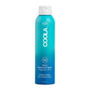 COOLA front packaging of clear SPF 50 spray showing bottle and label benefits