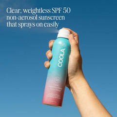 COOLA nozzle closeup demonstrating continuous spray for even full‑body coverage