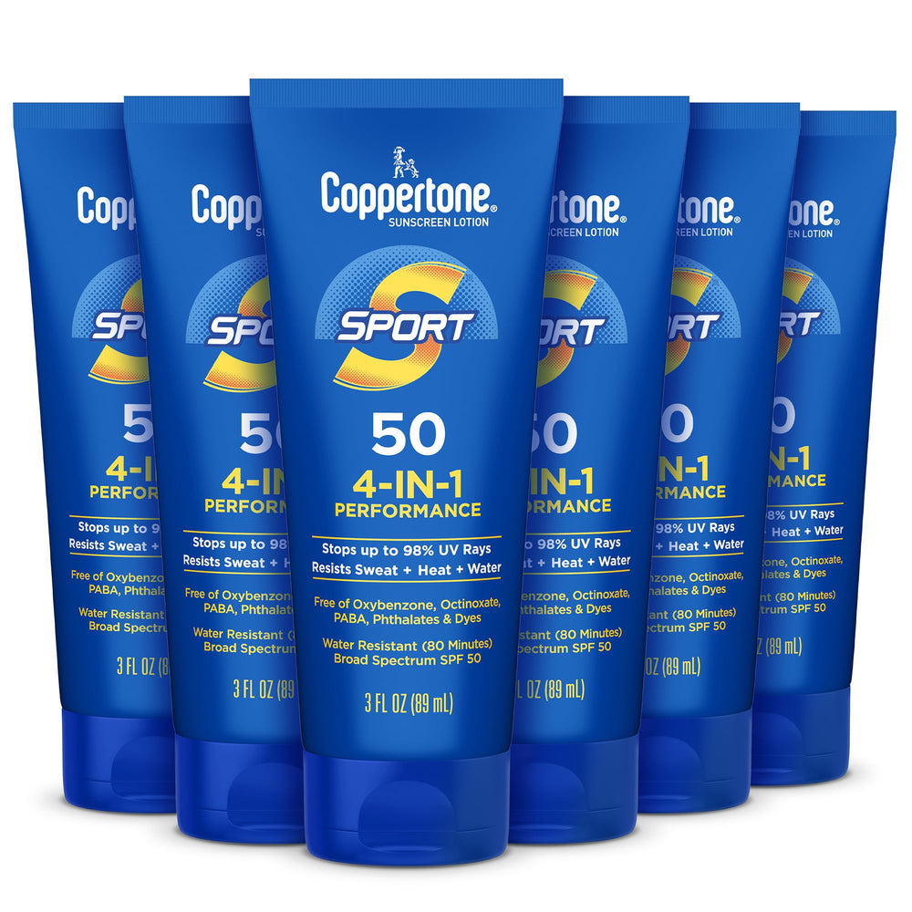 Coppertone SPORT front packaging showing six travel-size bottles and SPF 50 protection