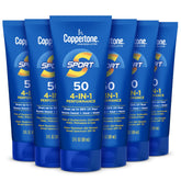 Coppertone SPORT front packaging showing six travel-size bottles and SPF 50 protection