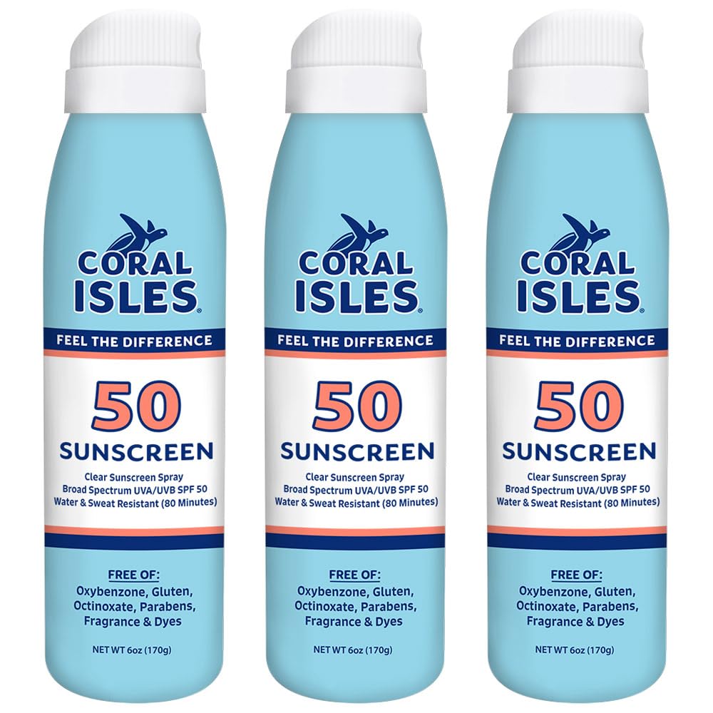 Coral Isles front packaging showing three 6 fl oz reef-safe bottles and SPF 30 benefits