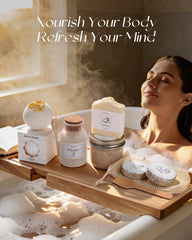 Coralogo bath bomb and bath salts in bowl illustrating soothing soak benefits