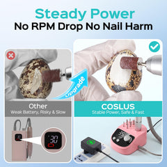 COSLUS E50 handpiece close-up highlighting ergonomic grip and steady motor performance