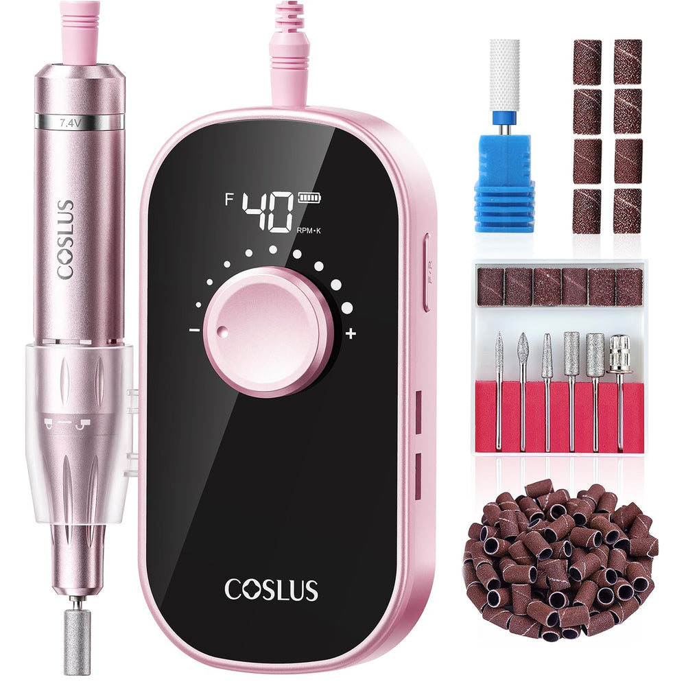 COSLUS E51 front packaging showing pink drill and accessories for professional convenience