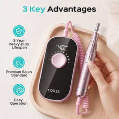 COSLUS close-up of the handpiece highlighting ergonomic grip and stable control benefit