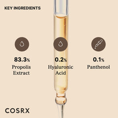 Label detail on COSRX propolis ampoule highlighting ingredient concentration and product name