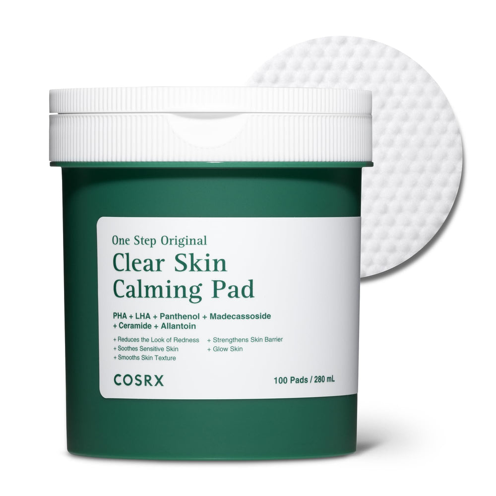 COSRX front packaging tub showing 100 pads for convenient calming