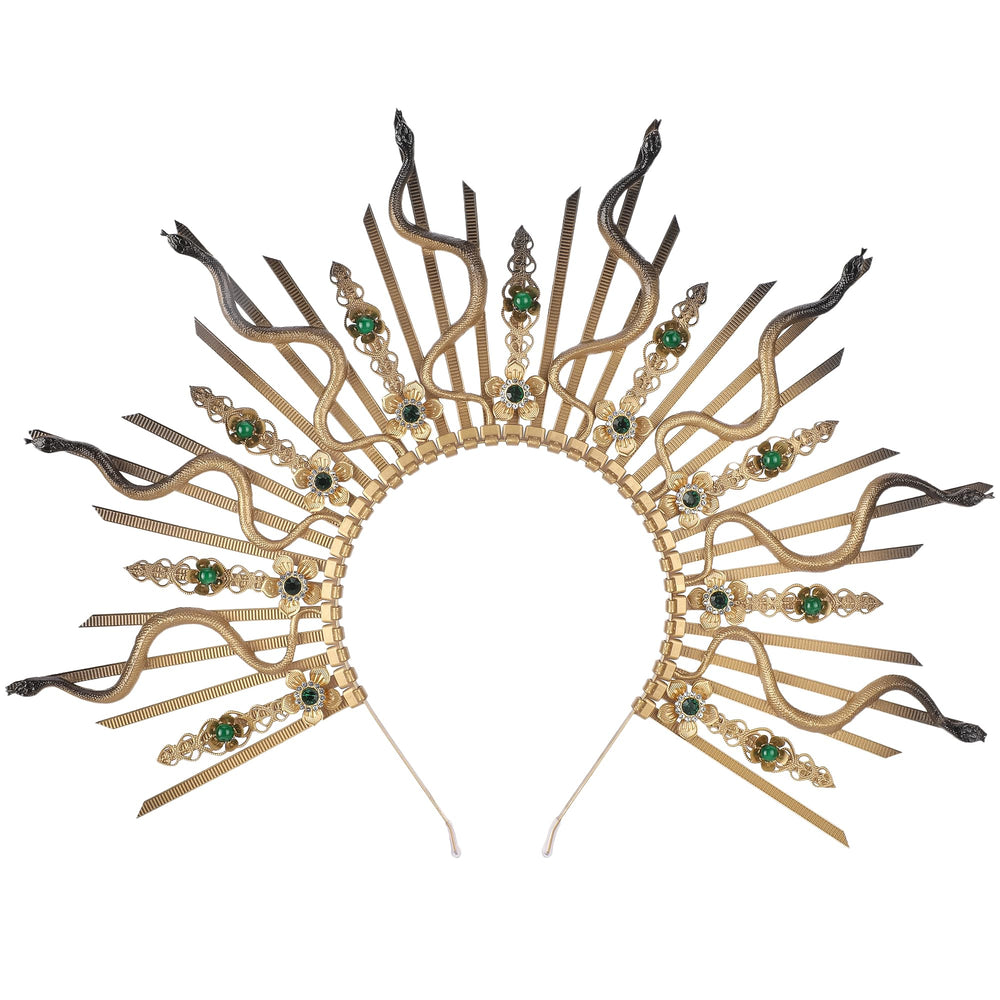 COSUCOS Medusa crown front view showing gold spikes and regal silhouette benefit: striking focal point