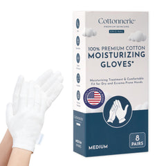 COTTONNERIE front pack of eight cotton glove pairs showing quantity and benefits
