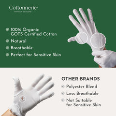 COTTONNERIE gloves worn on a small hand for scale, demonstrates snug comfortable fit