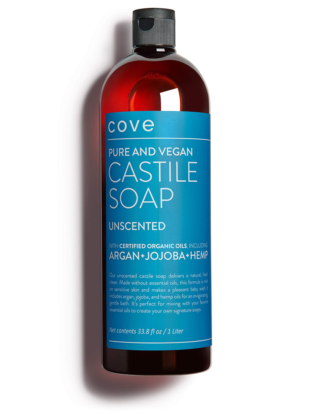 Cove front label showing unscented Castile soap and organic oils benefit