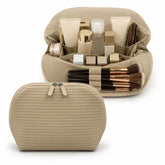 Cozomga front view showing bisque exterior and secure closure for neat travel storage
