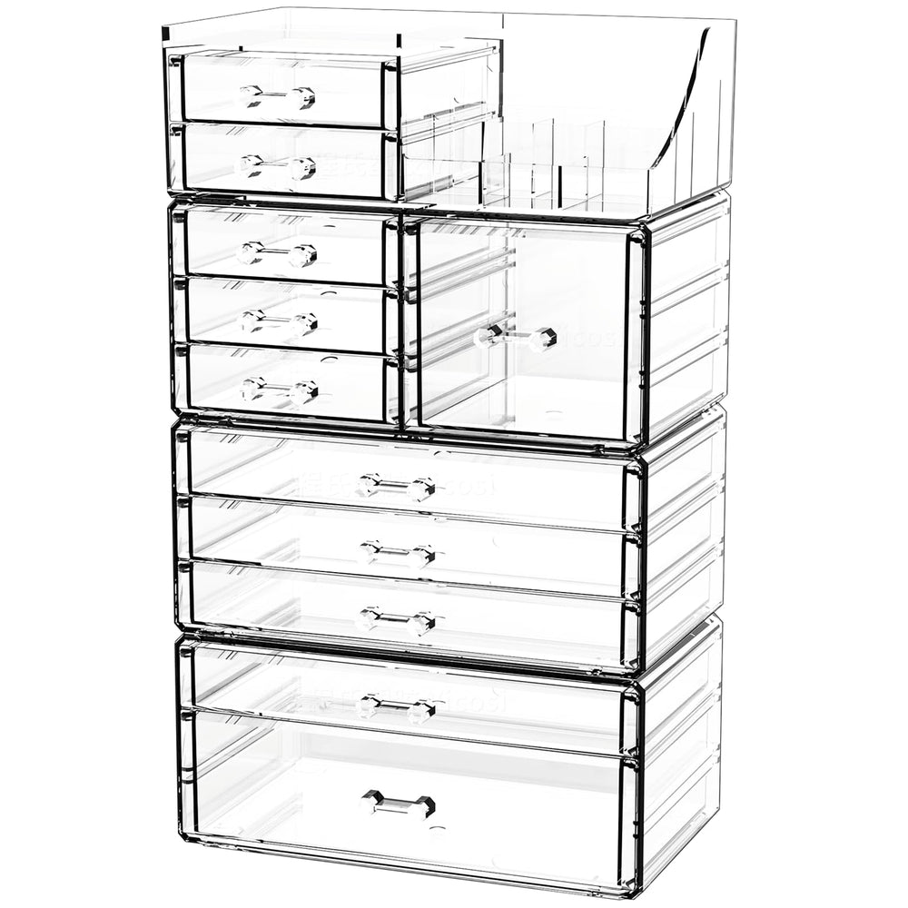 Cq acrylic front view on vanity showing organized cosmetics and clear visibility
