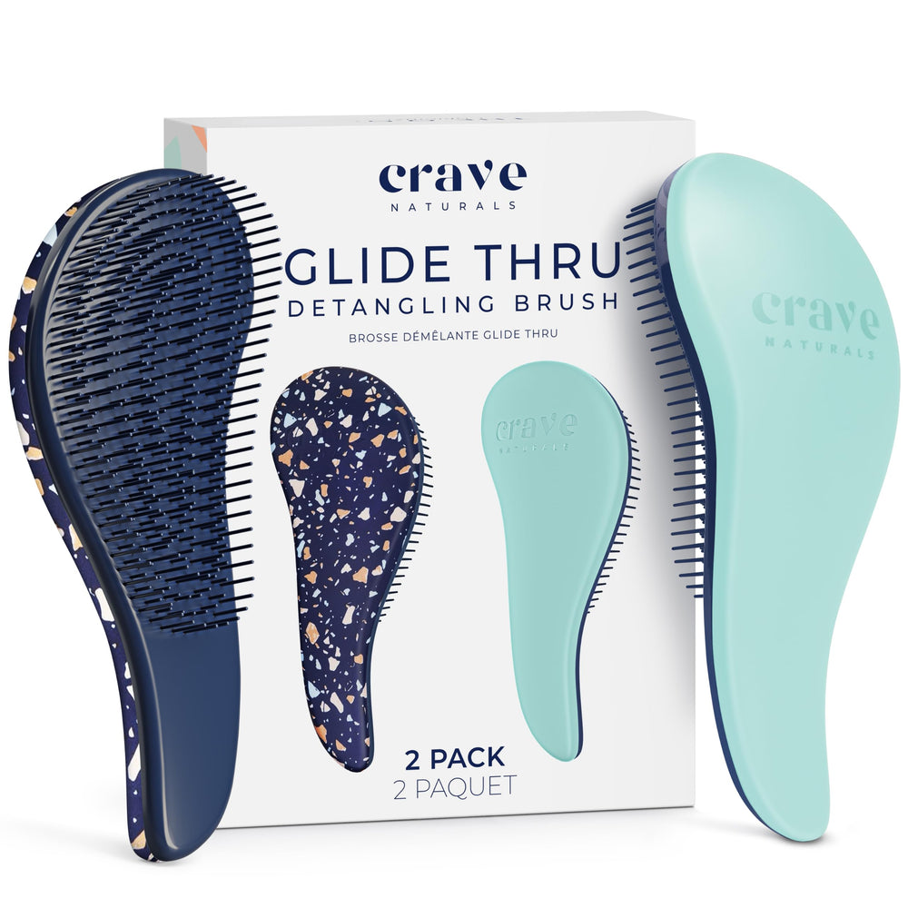 Crave Naturals front view showing turquoise and terrazzo brush pair and compact size benefit