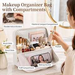 crawing open standing organizer filled with cosmetics for quick access benefit