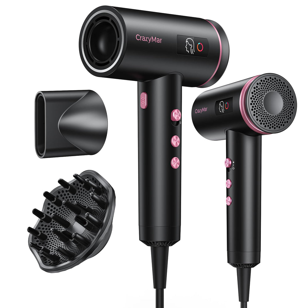 CrazyMar front view of compact 1800W dryer showing sleek profile and handle, fast-dry benefit
