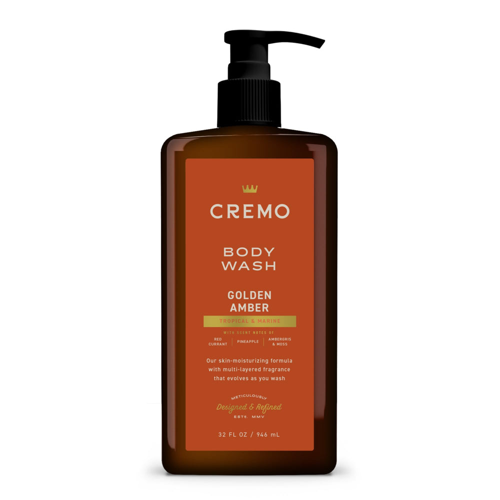 Cremo bottle front label showing Golden Amber fragrance and size, highlights premium scent