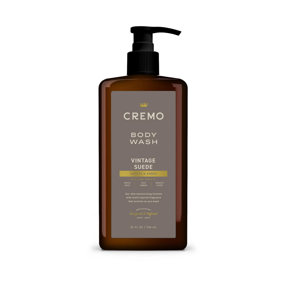 Cremo pump bottle front view showing Vintage Suede scent and packaging benefit
