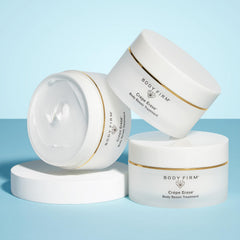 Crepe Erase 10 oz jar beside common items to show size and full-body coverage benefit