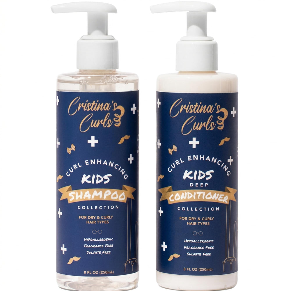 Cristina's Curls front packaging of kids curl shampoo and conditioner, clear product benefits