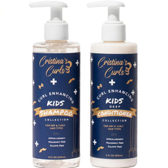 Cristina's Curls front packaging of kids curl shampoo and conditioner, clear product benefits