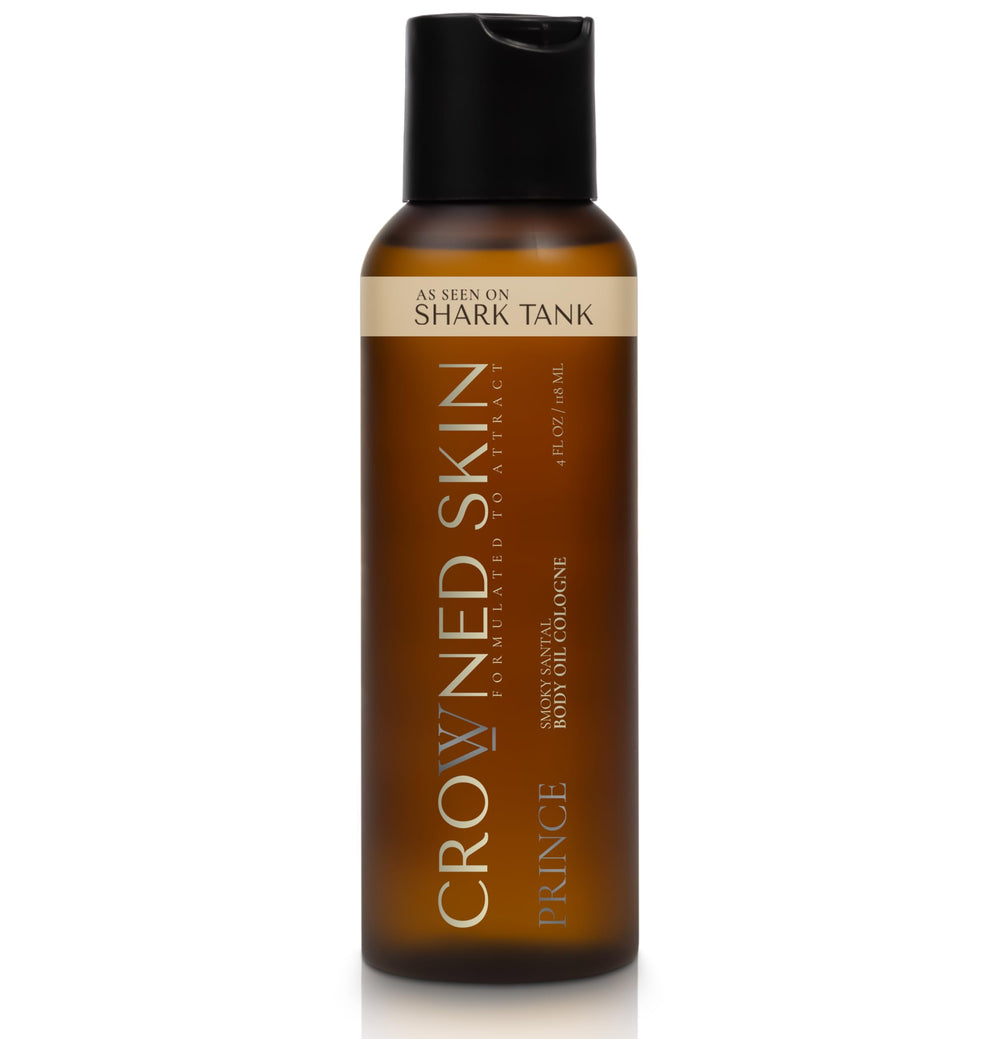 Crowned Skin front bottle showing 4oz packaging and oceanic-woody scent benefit