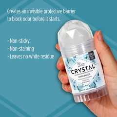 Crystal Essence close-up texture of mineral stick, smooth dry finish benefit