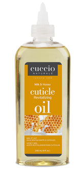 Cuccio bottle front view showing label and easy-pour top, promotes at-home spa results