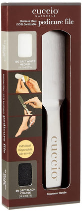 Cuccio stainless steel pedicure file front view showing durable tool and hygiene benefit