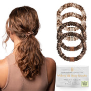 Curlfriend Collective front view of 4-pack silk scrunchies, shows color and packaging benefit: coordinated set