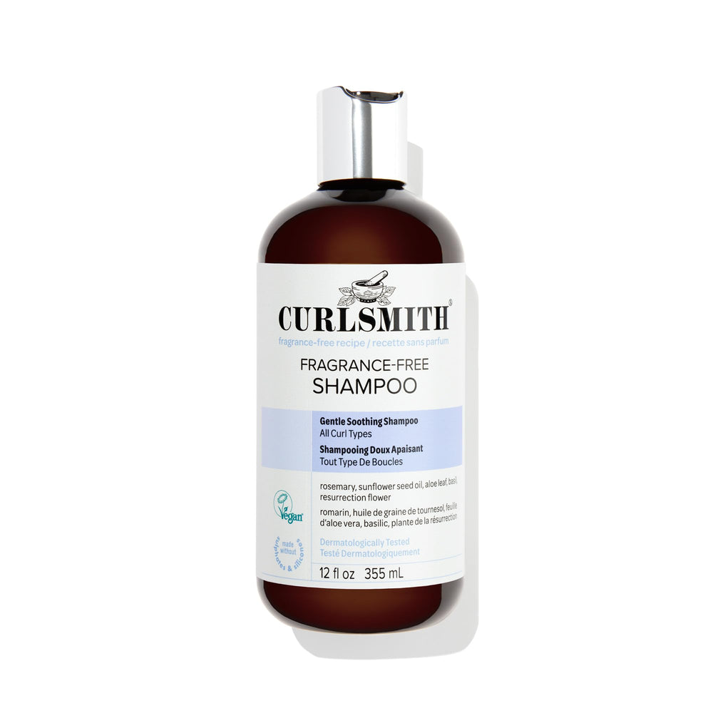 CURLSMITH front bottle showing fragrance-free shampoo and clear label benefit