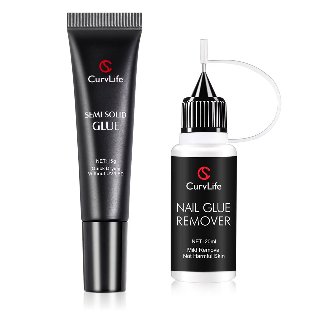 CurvLife front packaging showing complete glue and remover kit, clear contents benefit
