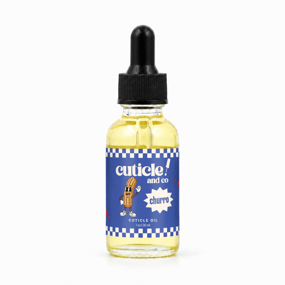 Cuticle And Co front bottle showing churro scent and size benefits