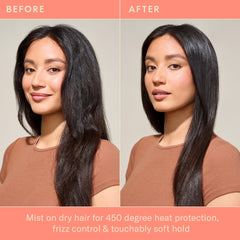 DAE spray in use during blow-dry illustrating heat protection and styling prep