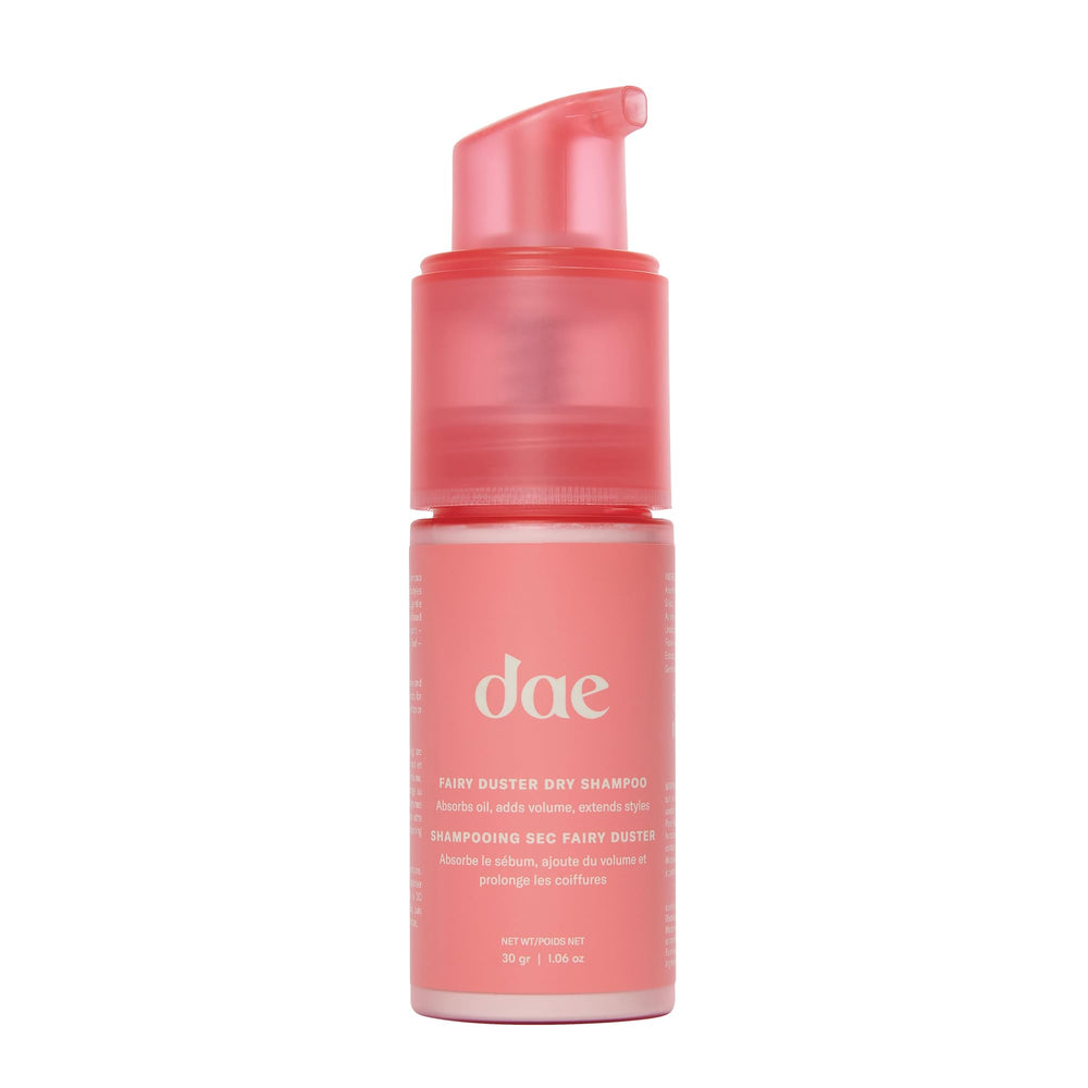DAE Fairy Duster front packaging showing compact, non-aerosol design and travel ease