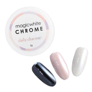 Daily Charme jar front view showing white chrome powder and clear labeling for easy identification