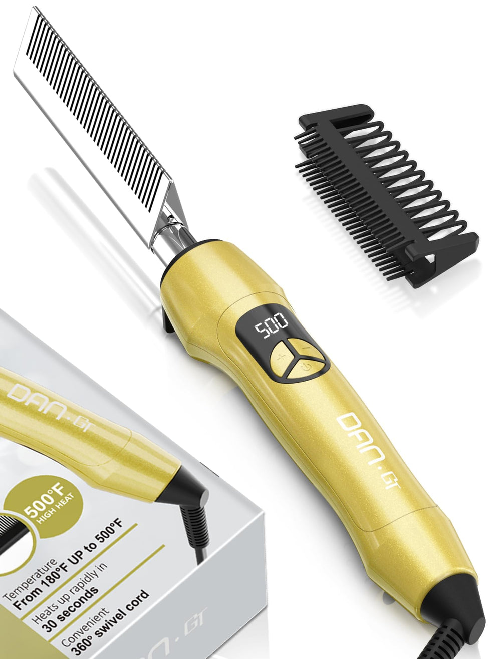 DAN Technology hot comb front view showing gold finish and ergonomic grip benefit styling control