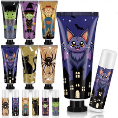 Dansib front packaging of Halloween hand cream and lip balm set showing festive artwork and convenience