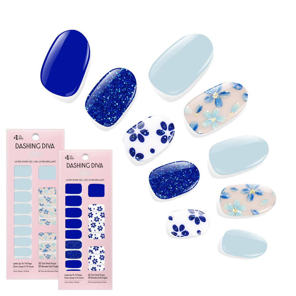 Dashing Diva front packaging showing both Blue Blossom sets and glossy finish benefit
