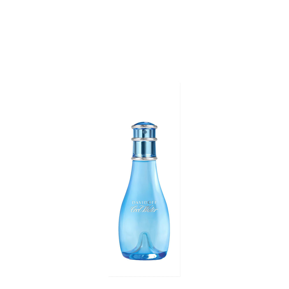 Davidoff Cool Water front bottle showing light blue glass and silver signature, appealing presentation
