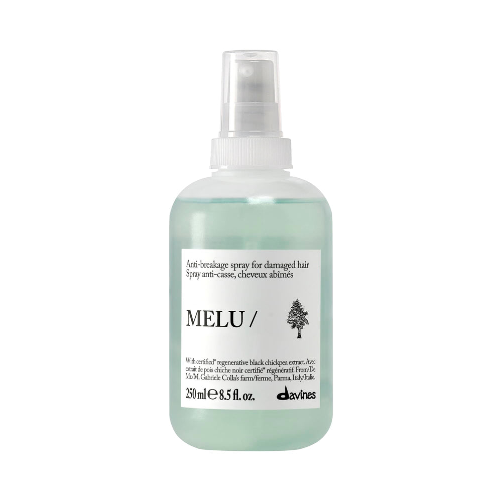 Davines MELU/Spray front packaging showing product and benefit of heat protection