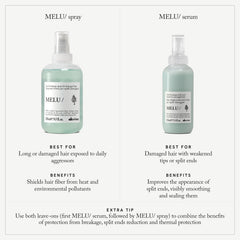 Davines MELU/Spray being sprayed on long hair to protect from heat styling