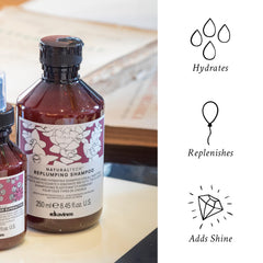 Davines replumping shampoo being dispensed from pump emphasizing easy application and controlled use