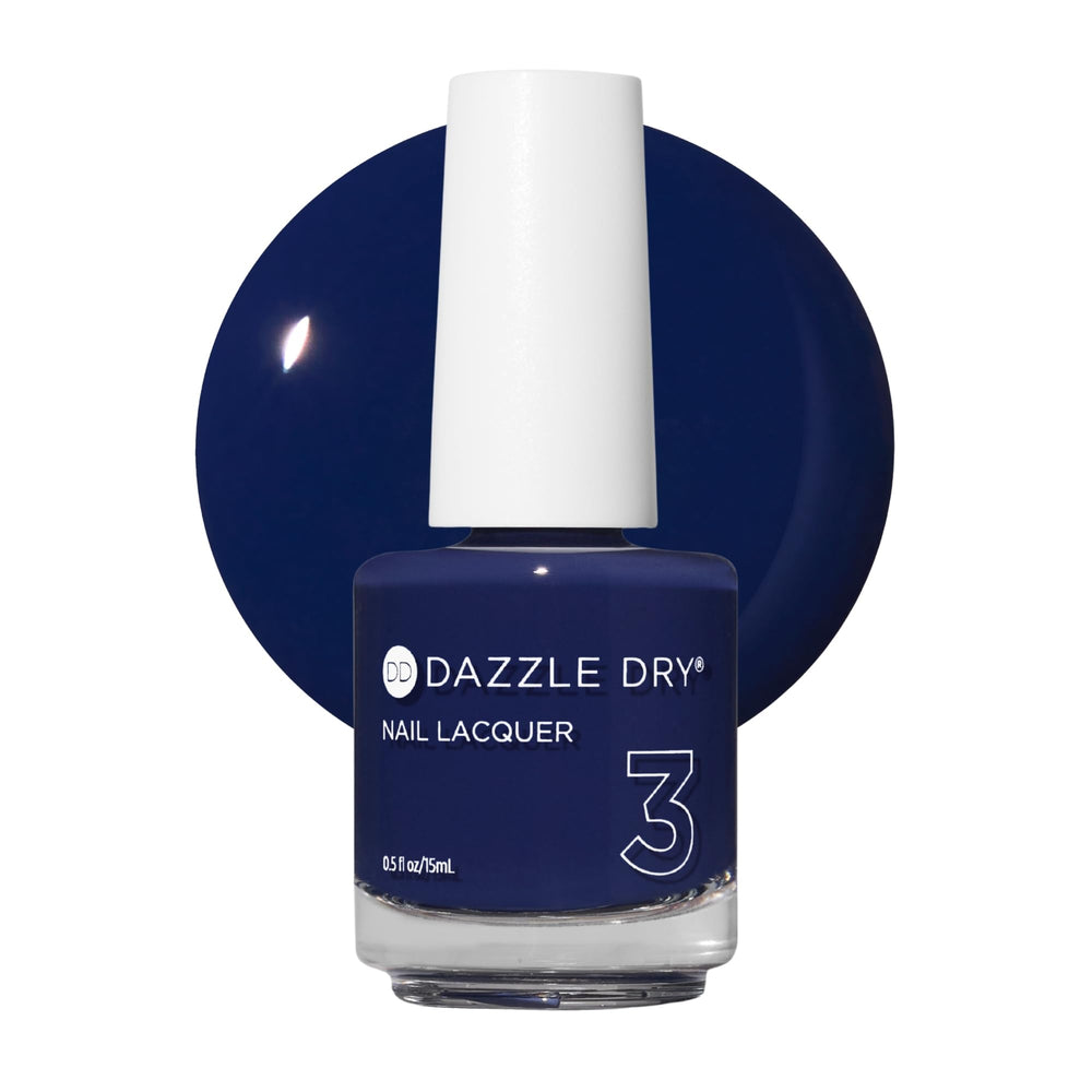 Dazzle Dry bottle front view showing deep blue lacquer and brand benefit long-lasting wear