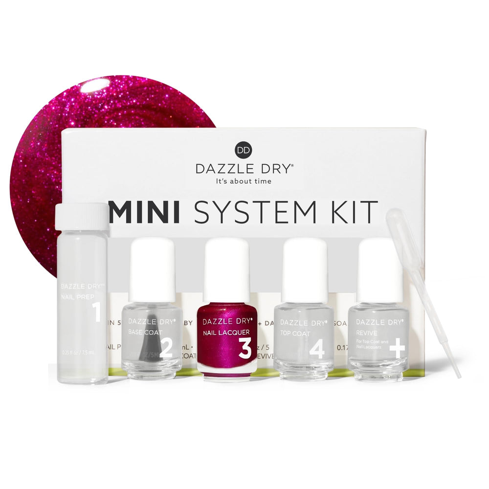 Dazzle Dry mini kit front view showing five-piece set and compact packaging benefit