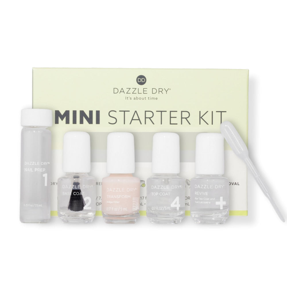 Dazzle Dry starter kit front packaging showing included bottles and benefits