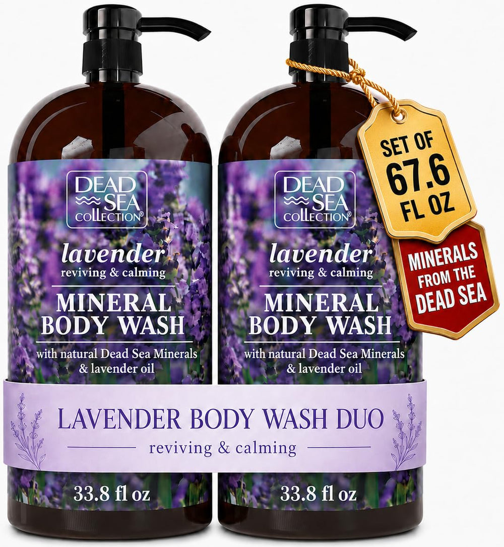 Dead Sea Collection front packaging showing two sealed lavender body wash bottles benefits hydration