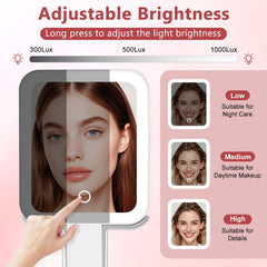 DECLUTTR handheld mirror in use showing easy portability and accurate makeup blending benefit
