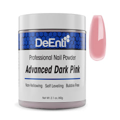 DeEnti tub front showing dark pink acrylic powder and clear labeling, professional finish